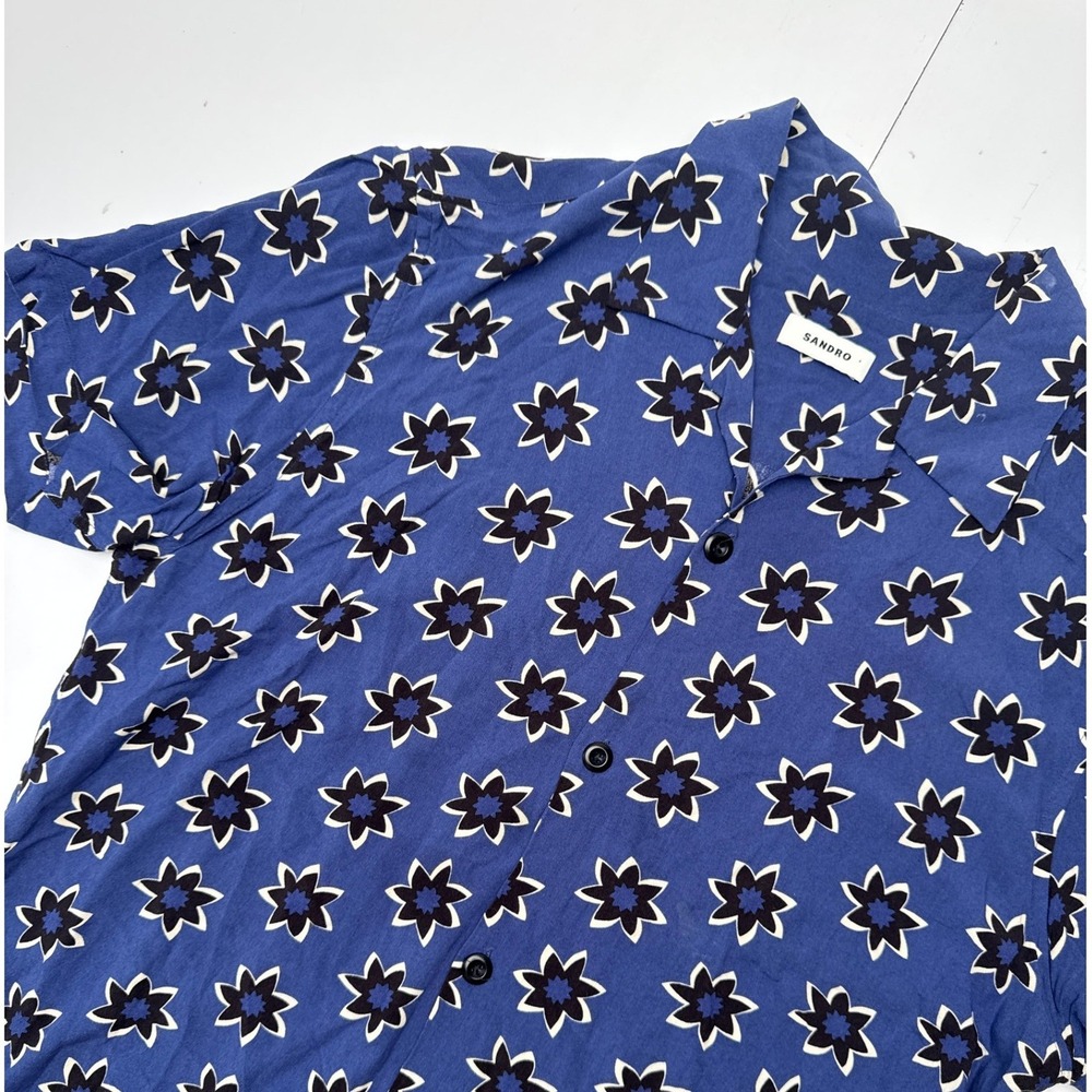 Sandro Paris Mens Blue Floral Star Print Camp Collar Short Sleeve Shirt XL